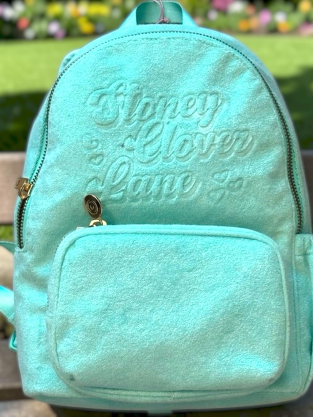 Stoney Clover Lane x Target Aqua Terry Backpack Happy Love Love Gold Tone